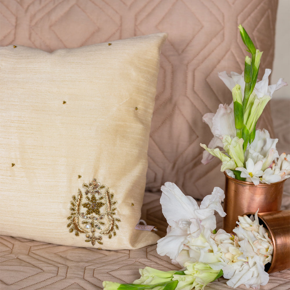 Beige Zardozi Cushion Cover