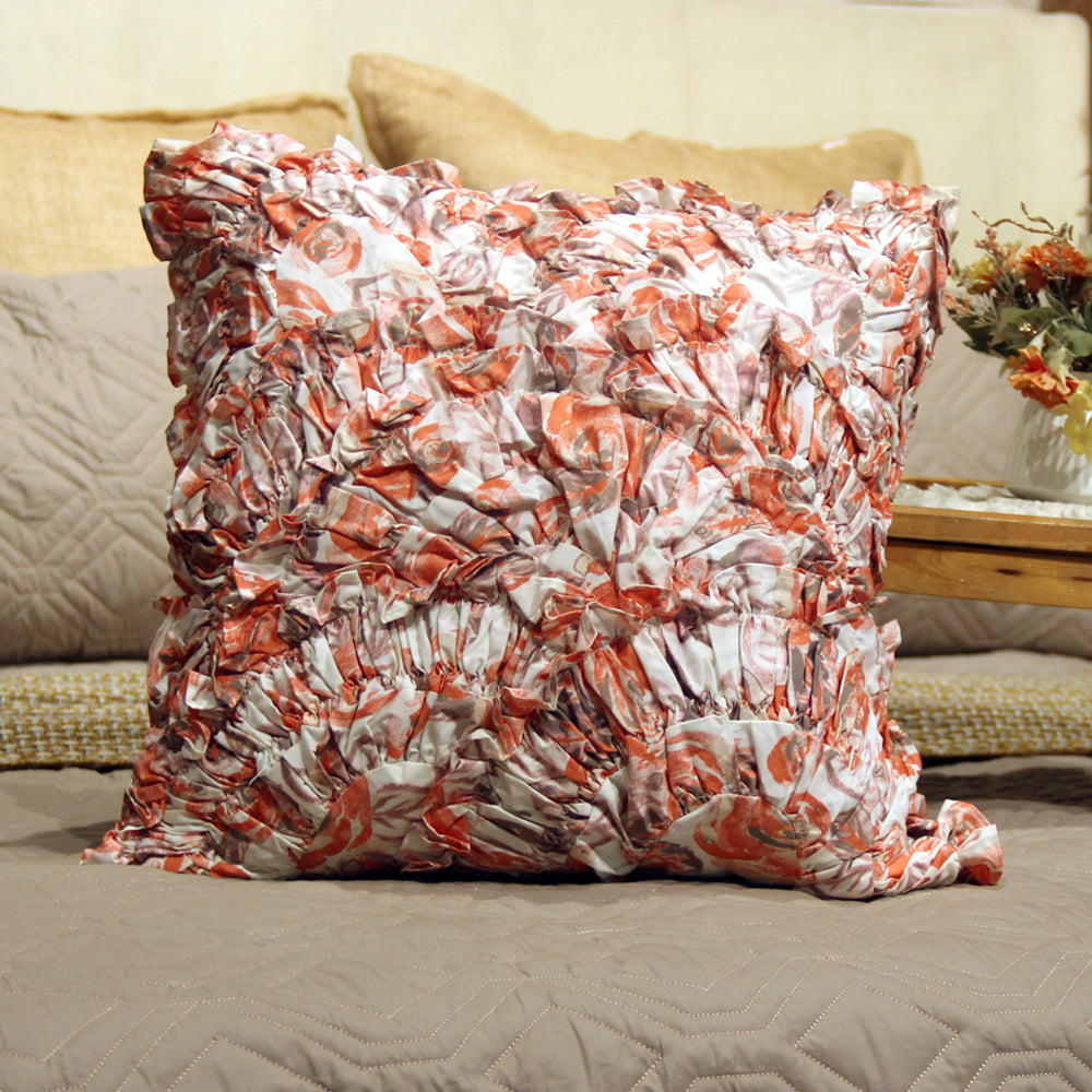 Peach printed ruffle cushion