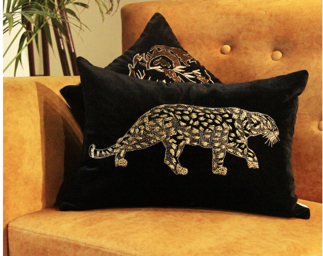 Panther Hand Embroidered Cushion