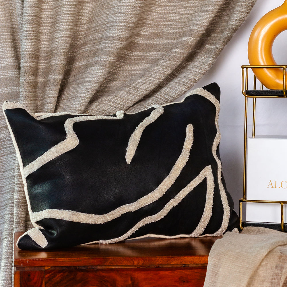 Black Embroidered Leatherette Cushion Cover
