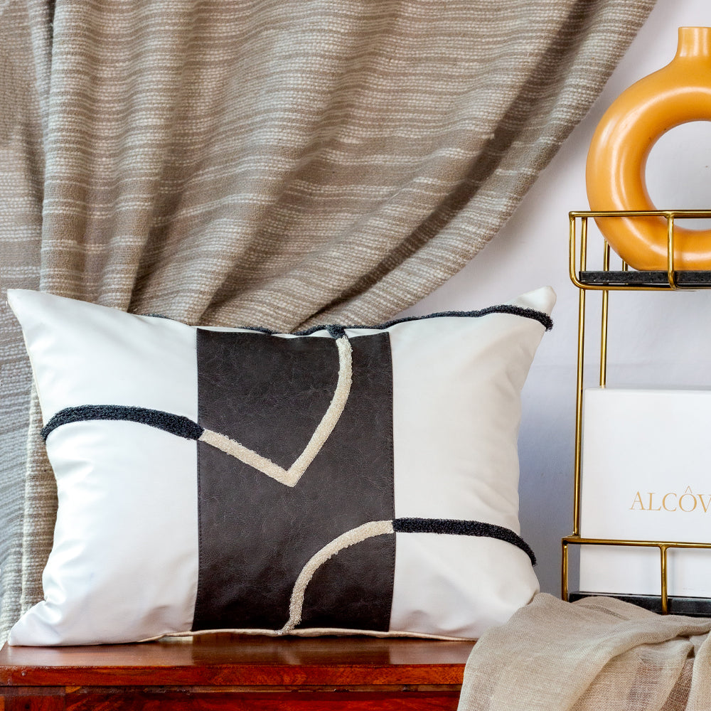 White Leatherette Embroidered Cushion Cover