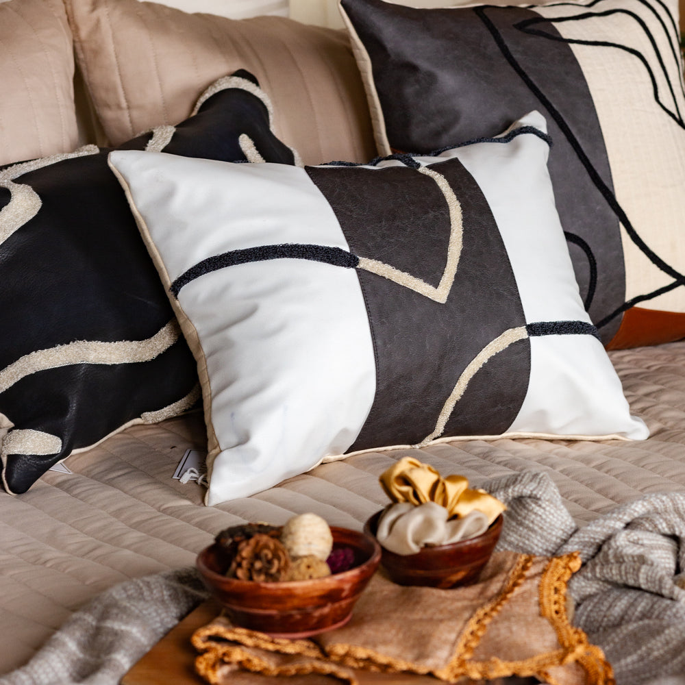 White Leatherette Embroidered Cushion Cover