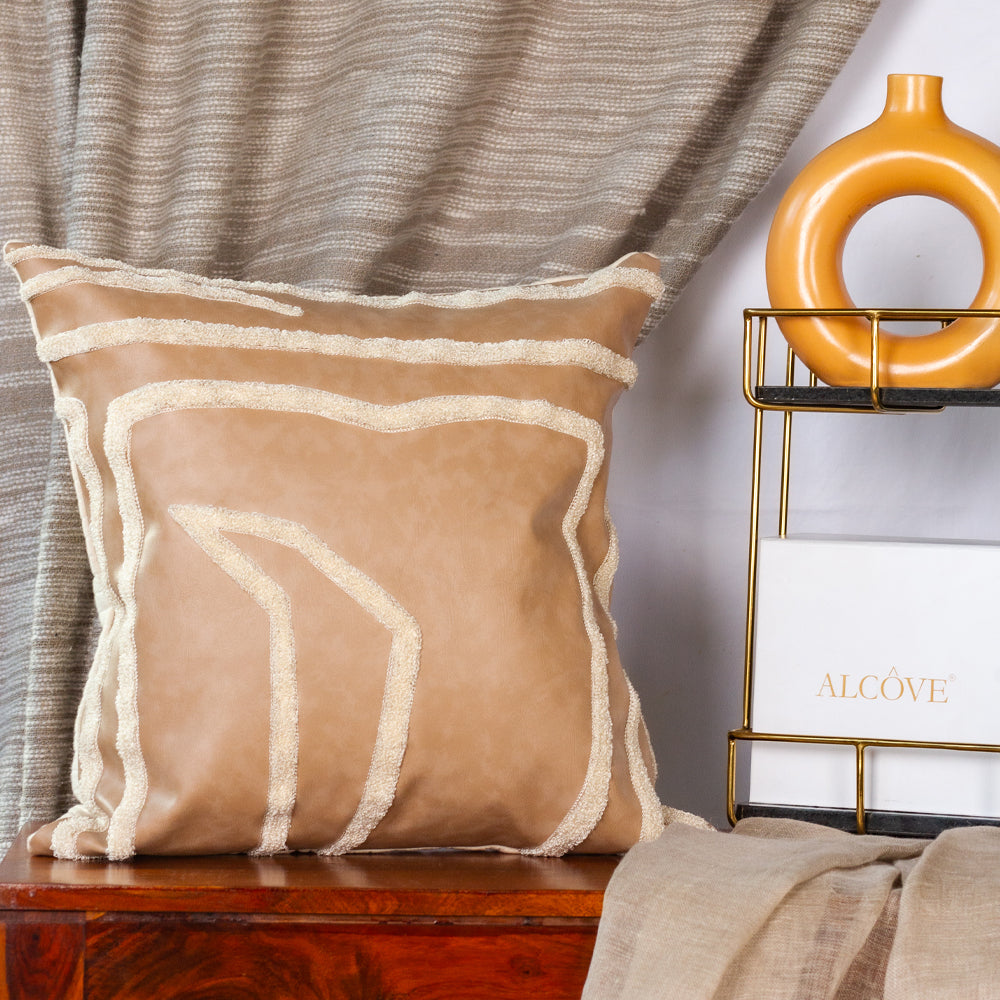 Tan Embroidered Leatherette Cushion Cover
