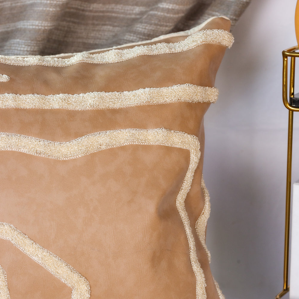 Tan Embroidered Leatherette Cushion Cover
