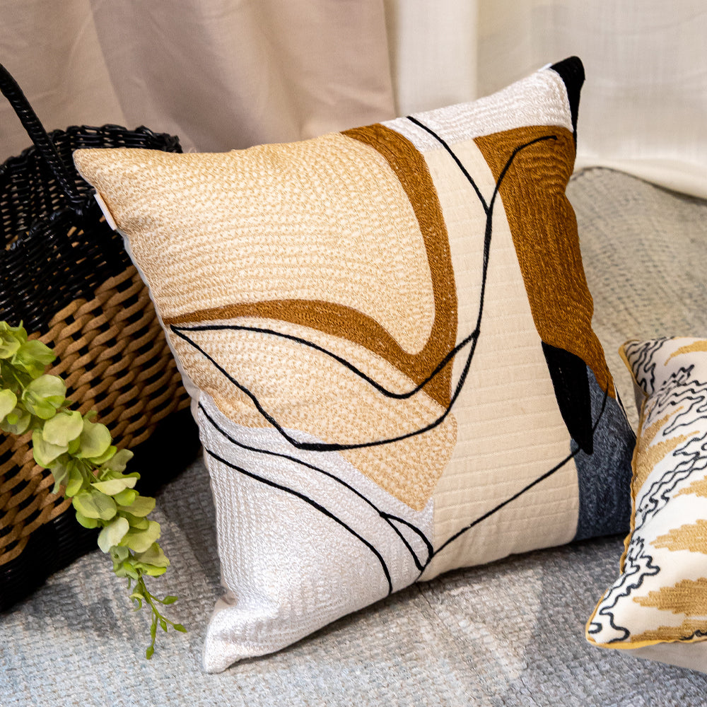 Abstract Wave Embroidered Cushion Cover