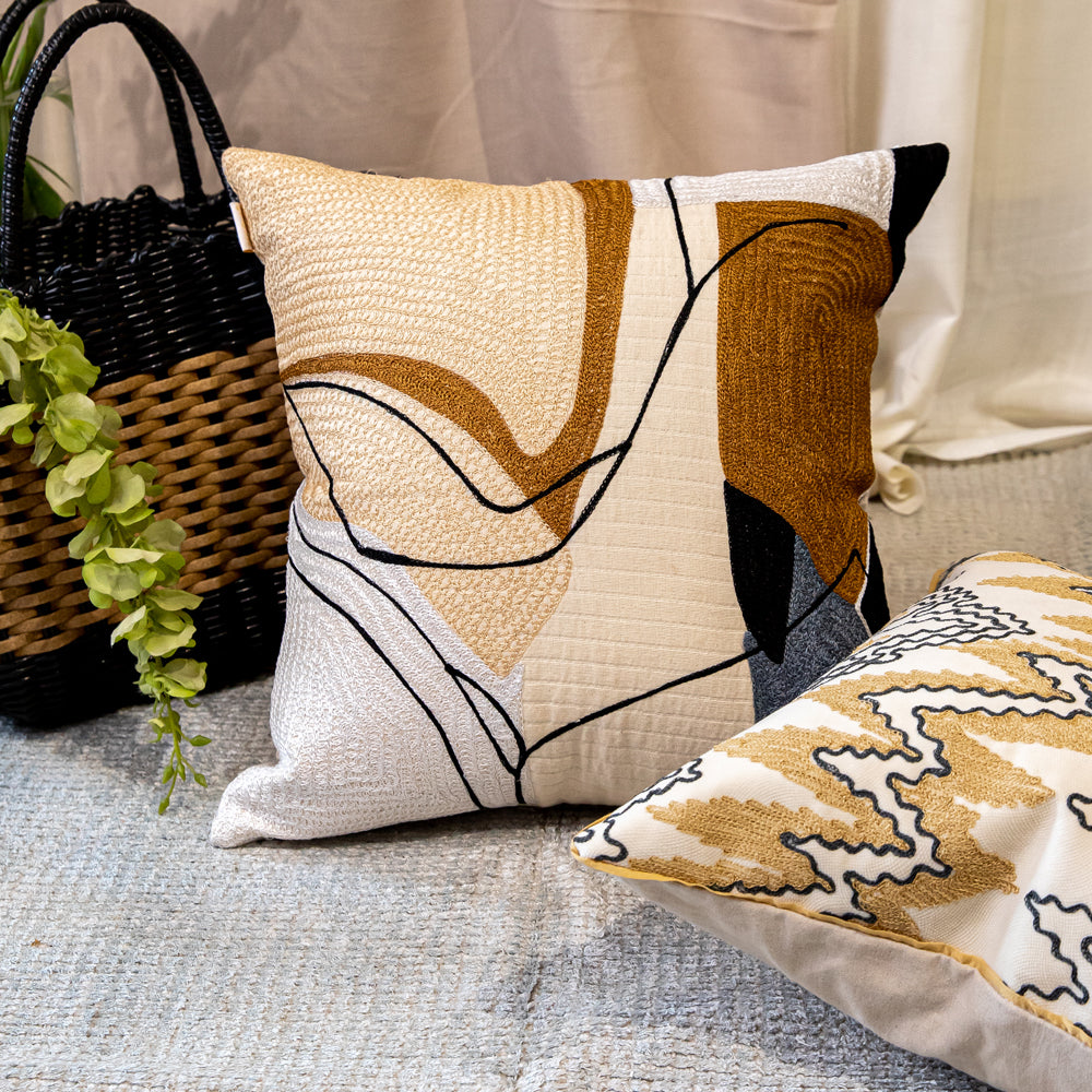 Abstract Wave Embroidered Cushion Cover