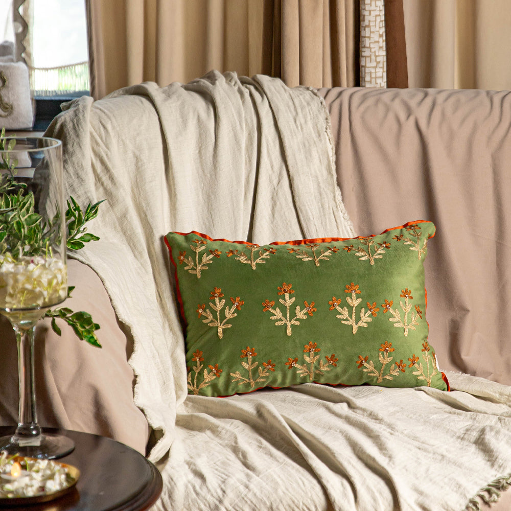 Sage Flroal Embroidered Lumbar Cushion Cover
