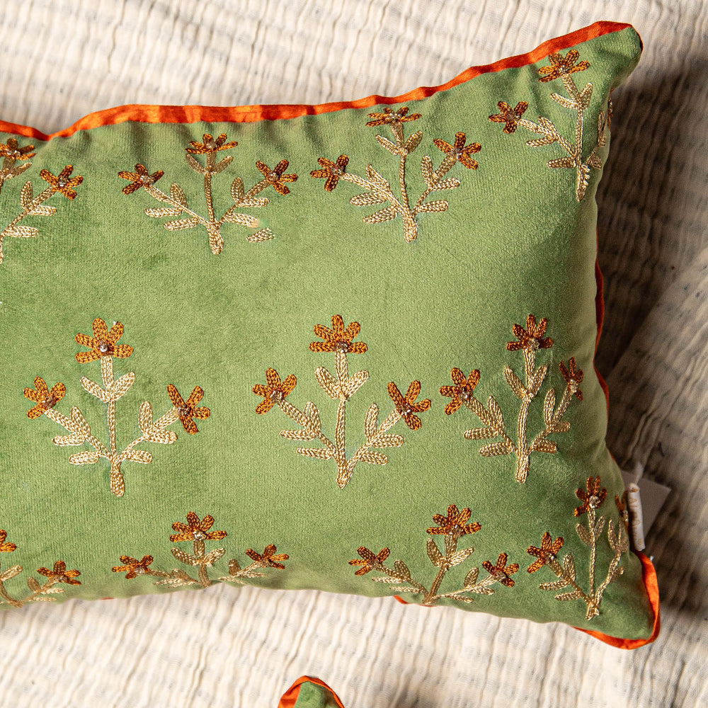 Sage Flroal Embroidered Lumbar Cushion Cover