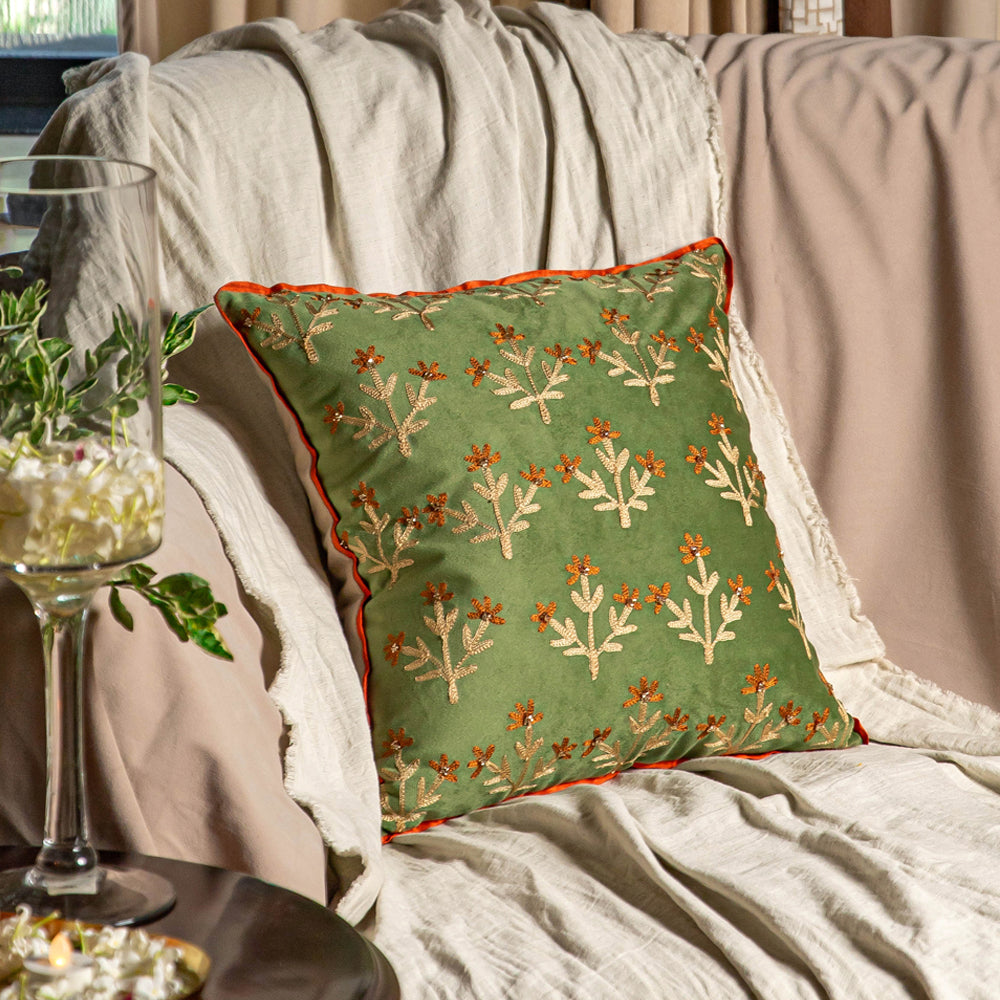 Sage Green Embroidered Cushion Cover