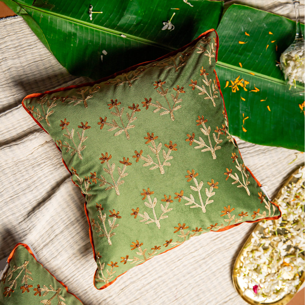 Sage Green Embroidered Cushion Cover