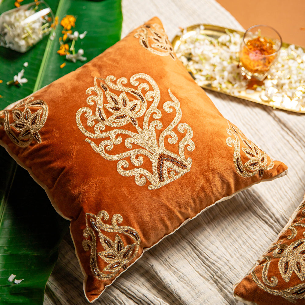 Rust Paisley Aari Cushion Cover