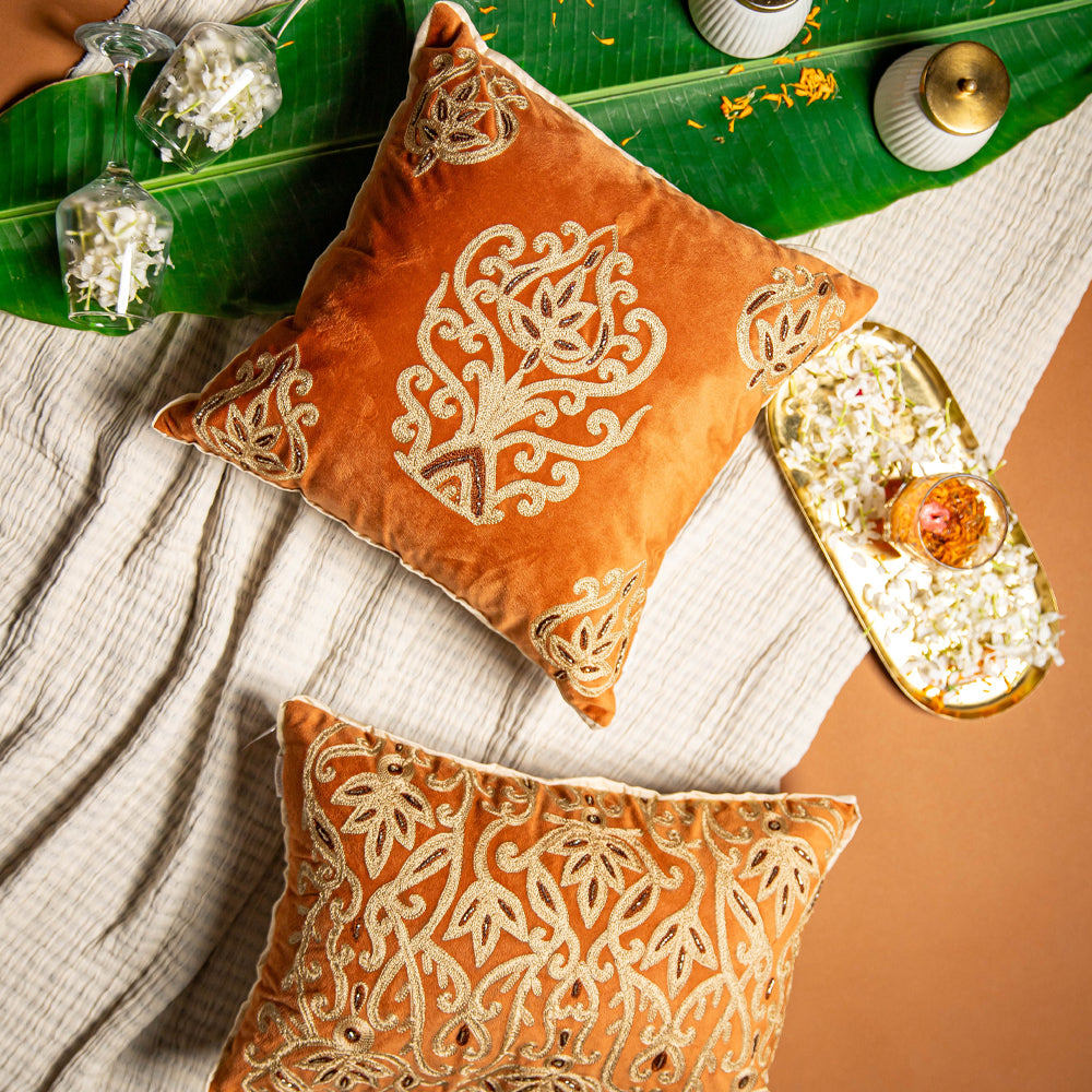 Rust Aari Embroidered Lumbar Cushion Cover