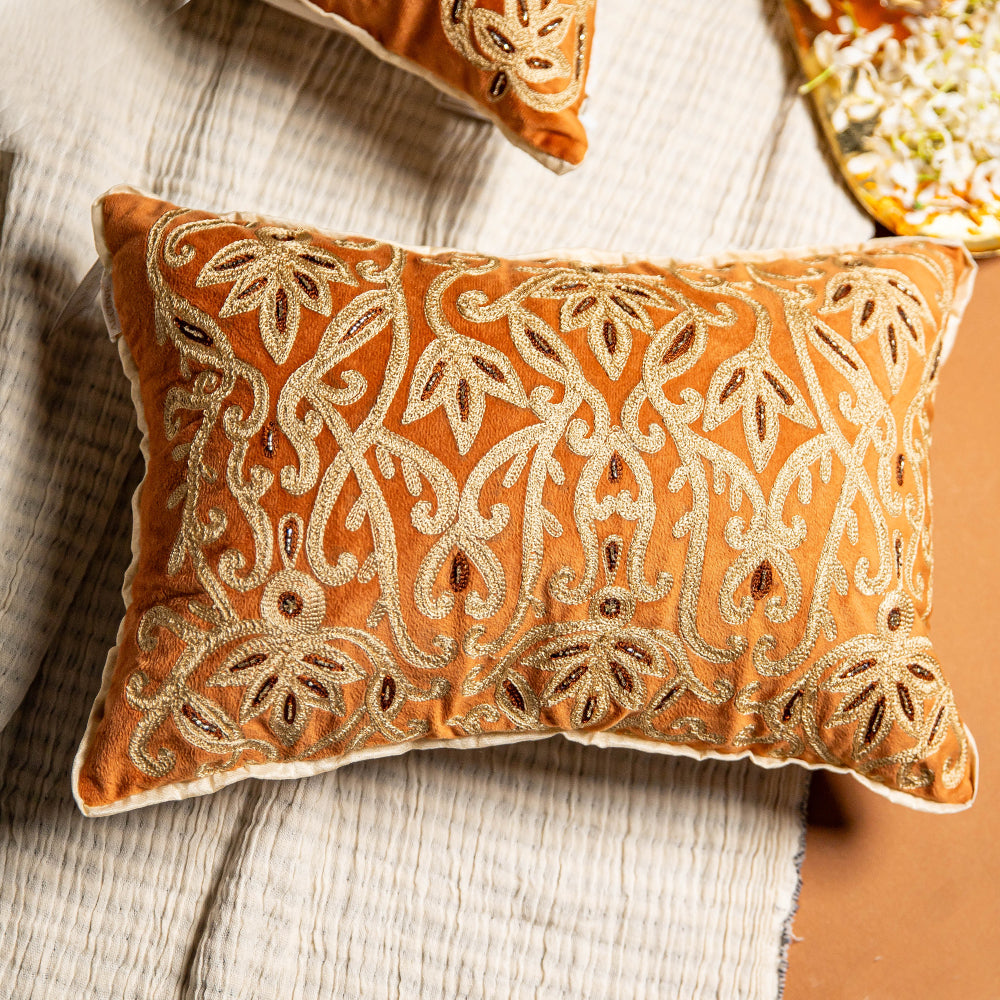 Rust Aari Embroidered Lumbar Cushion Cover