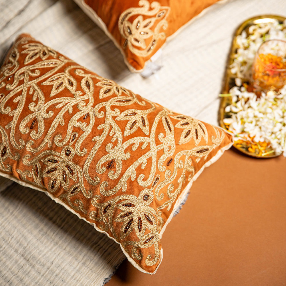 Rust Aari Embroidered Lumbar Cushion Cover