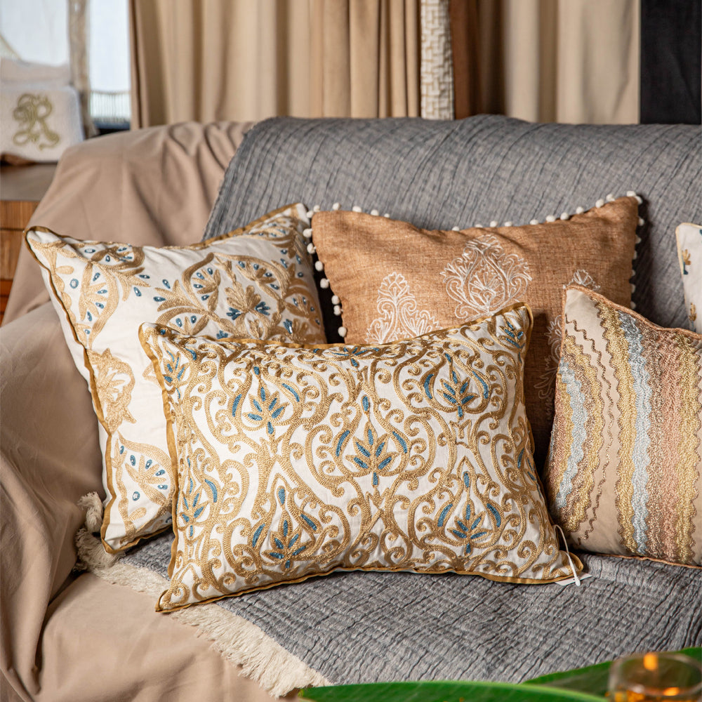 Floral Embroidered Lumbar Cushion Cover