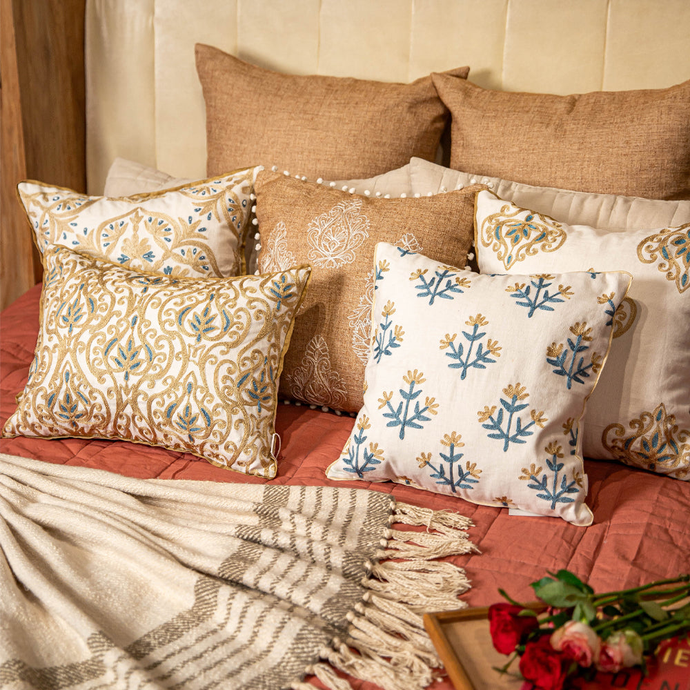 Beige & Blue Floral Embroidered Cushion Cover