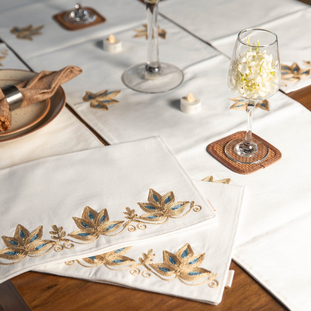 Lotus Crewel Embroidered Table Runner with mats (set of 6)