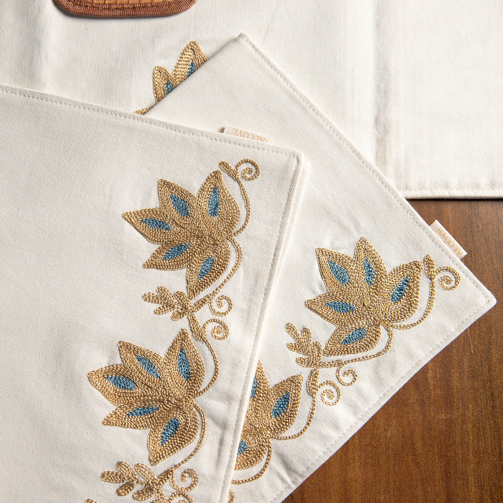 Lotus Crewel Embroidered Table Runner with mats (set of 6)