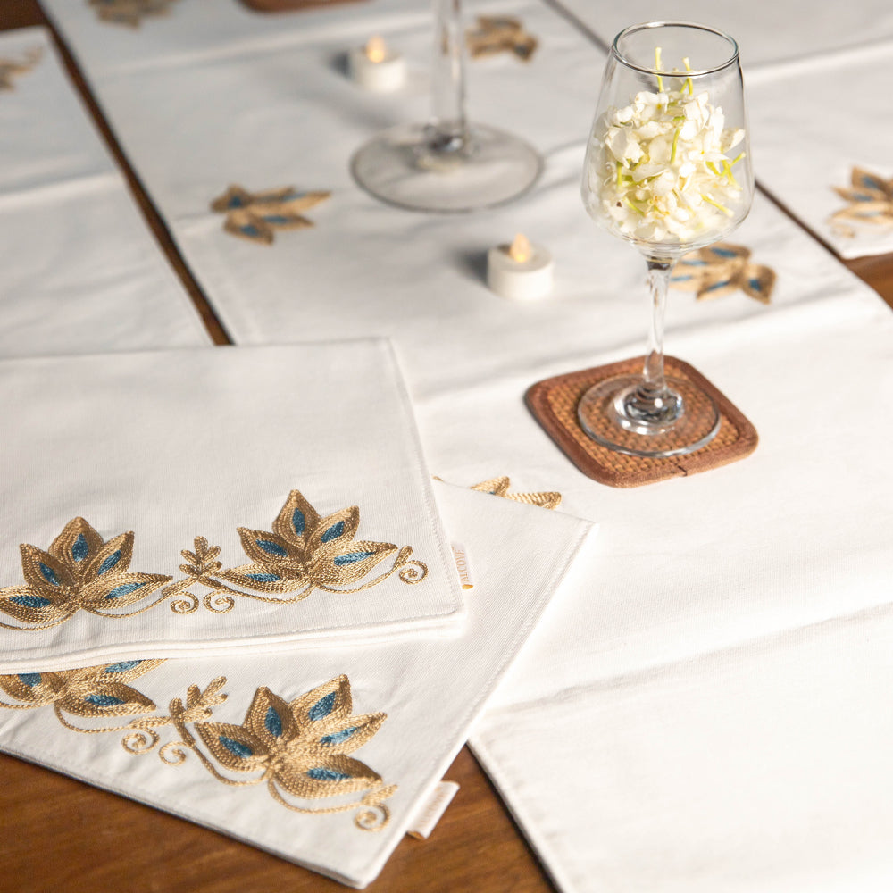 Lotus Crewel Embroidered Table Runner with mats (set of 6)