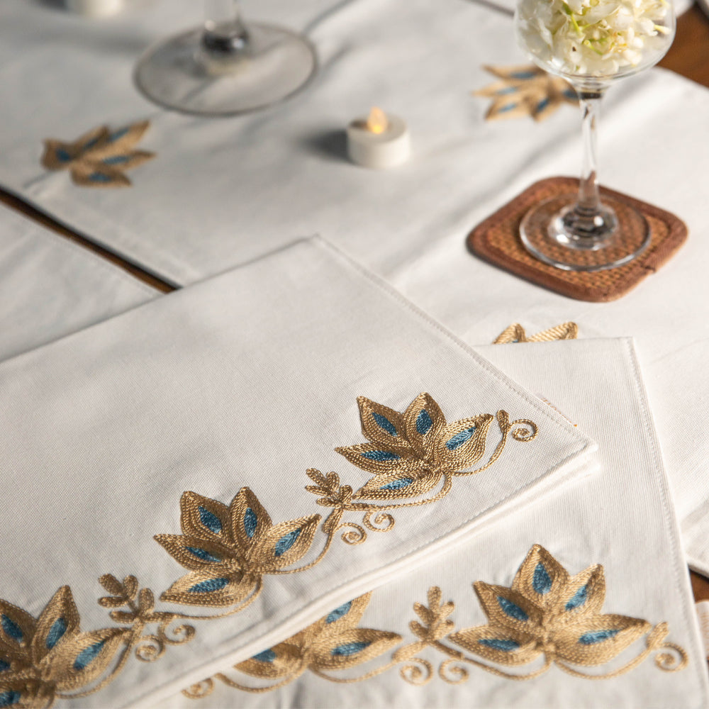 Lotus Crewel Embroidered Table Runner with mats (set of 6)