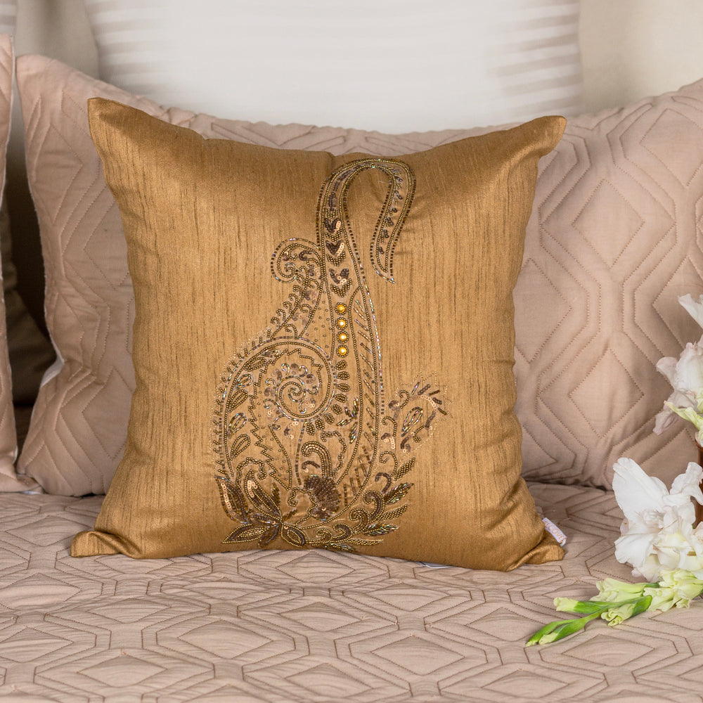Beige Embroidered Cushion Cover