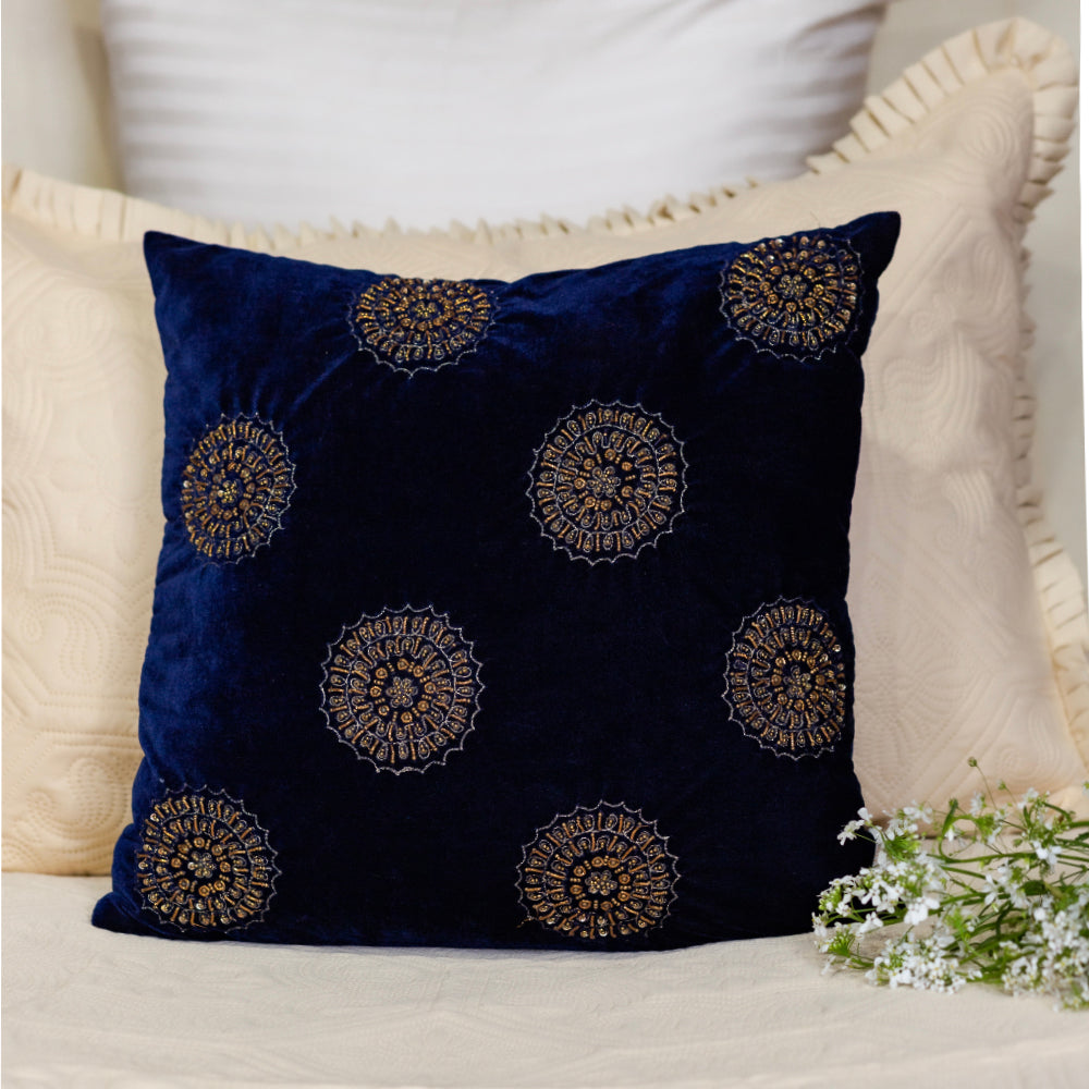 Navy Velvet Motif Embroidered Cushion Cover