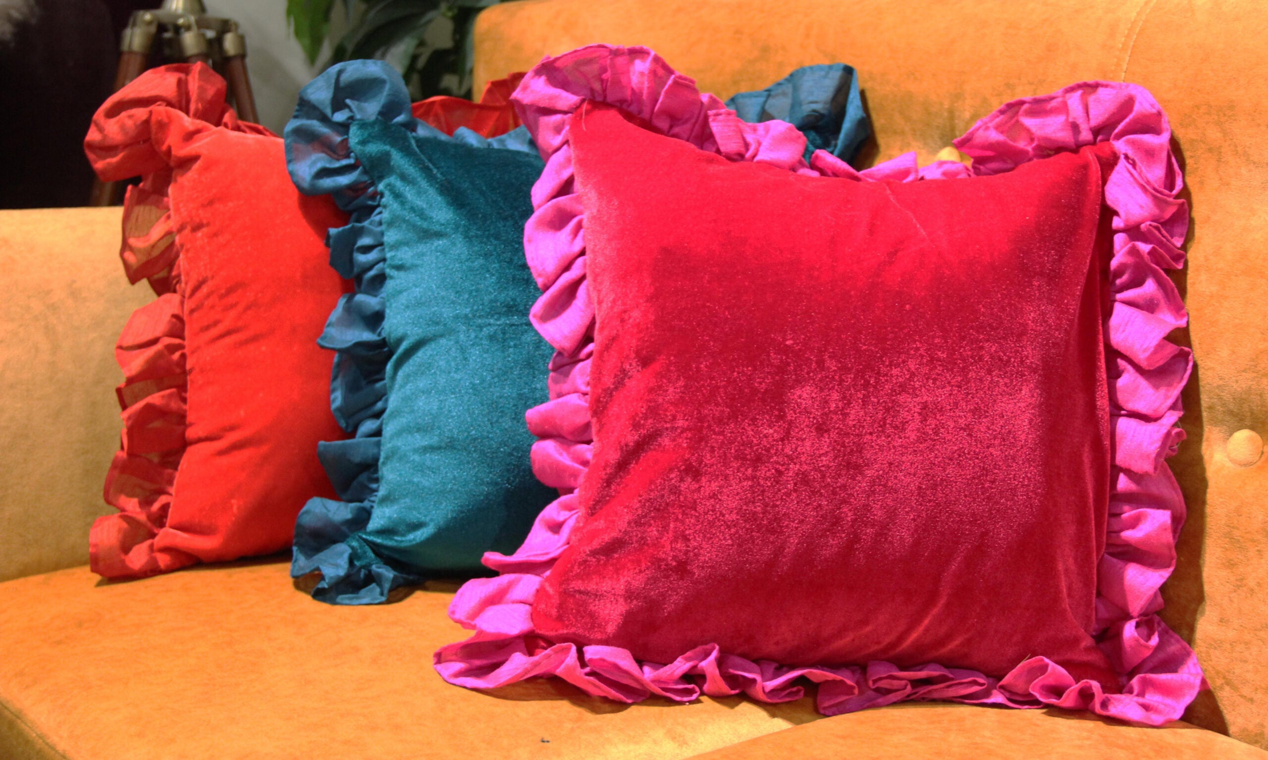 Red ruffle cushion cover