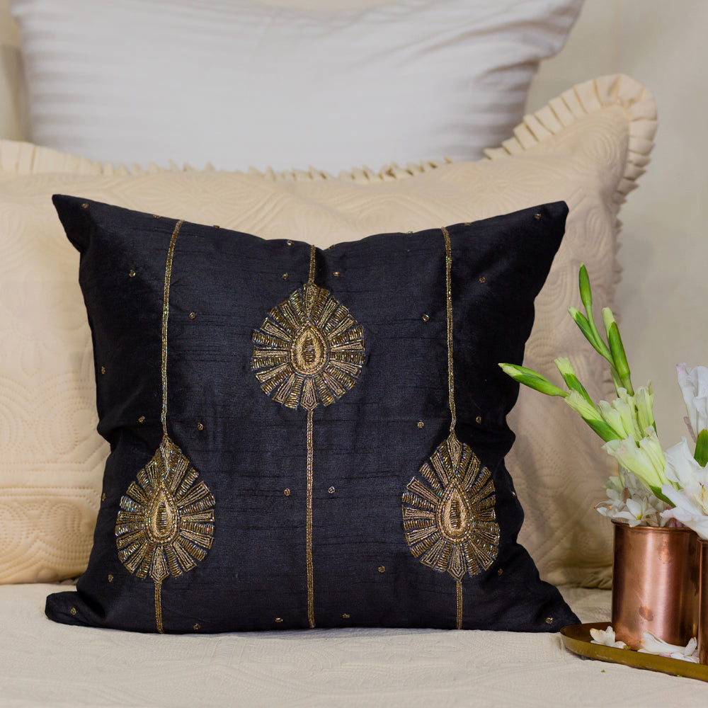 Black silk embroidered cushion cover