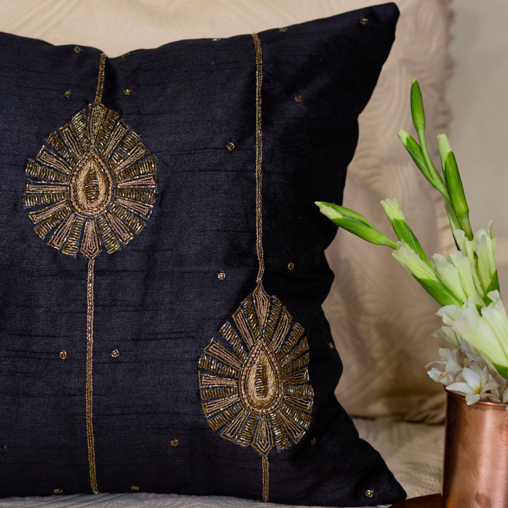 Black silk embroidered cushion cover
