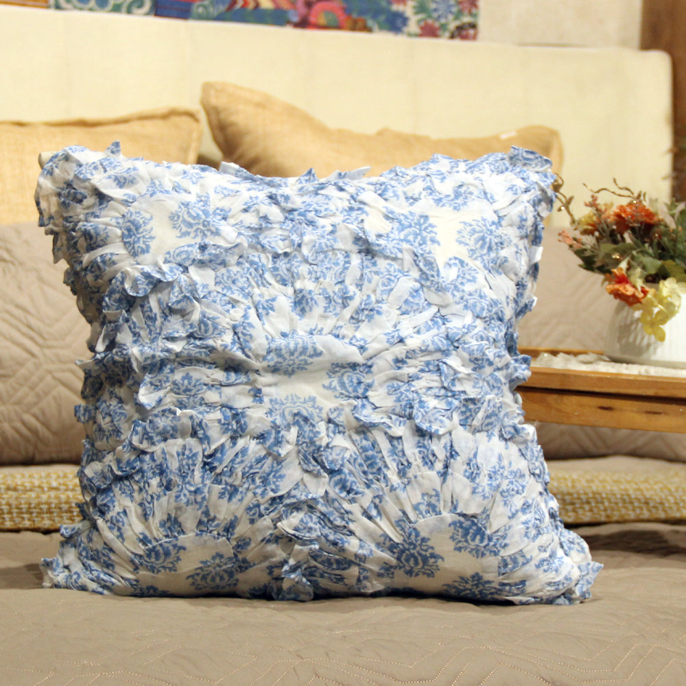 Blue Printed Ruffle Cushion