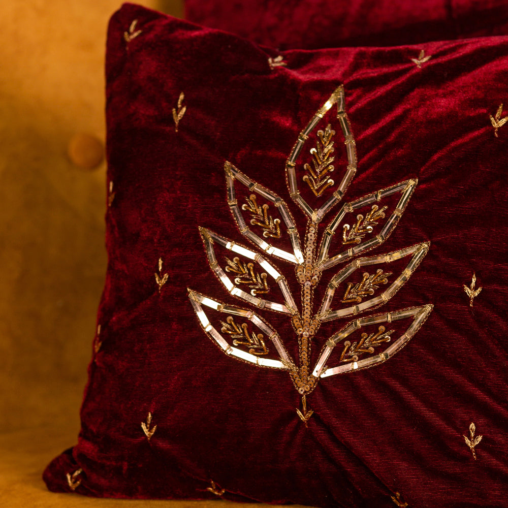 Red Sequence Embroidered Decorative Cushion