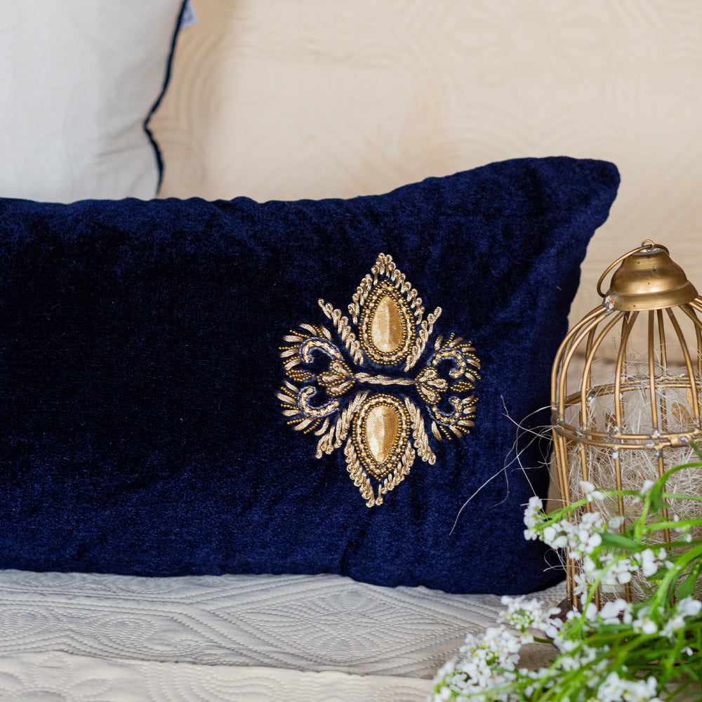 Navy Beetle Embroidered Cushion Cover