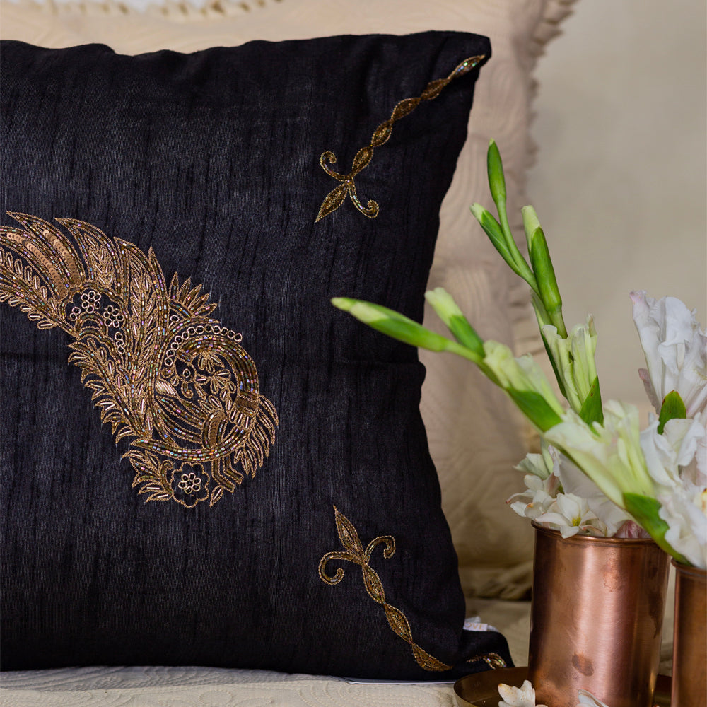 Black Silk Bird Embroidered Cushion Cover