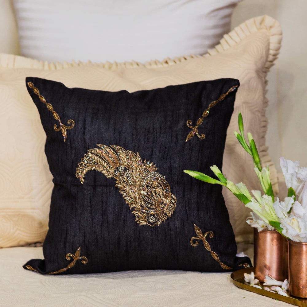 Black Silk Bird Embroidered Cushion Cover