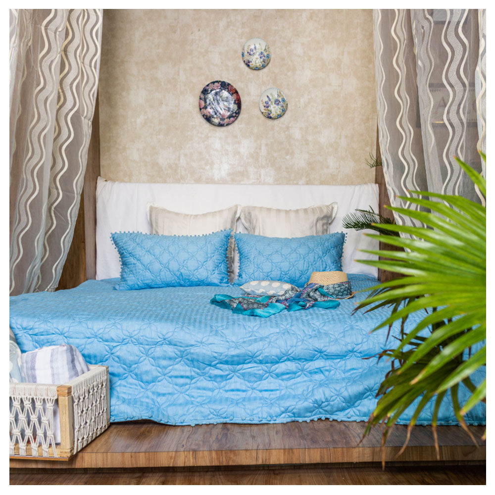 Sky Blue Quilted Bedspread (Set Of 3)