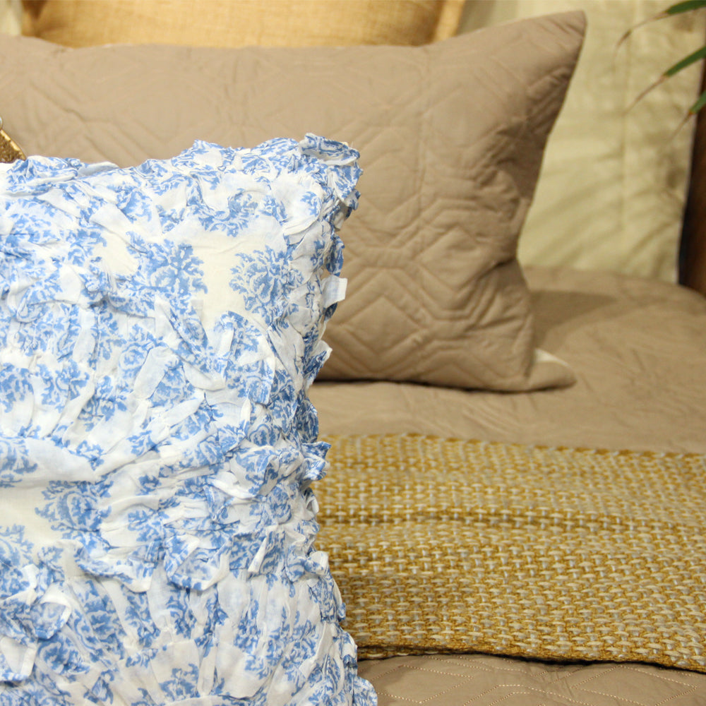 Blue Printed Ruffle Cushion