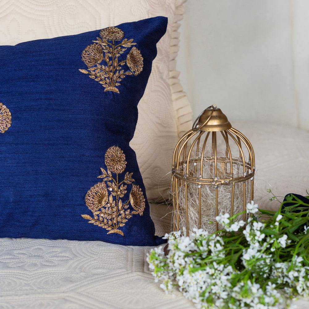 Navy Silk Zardozi Cushion Cover