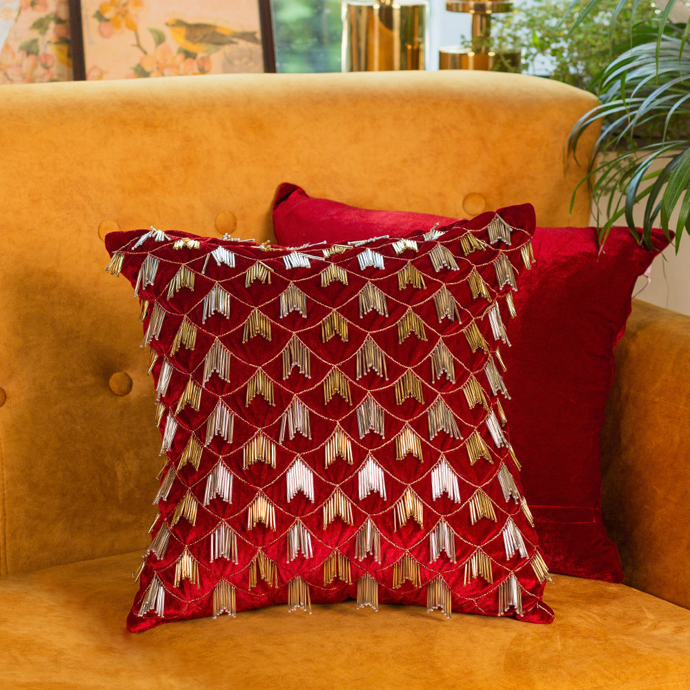 Red velvet overall fringe cushion cover