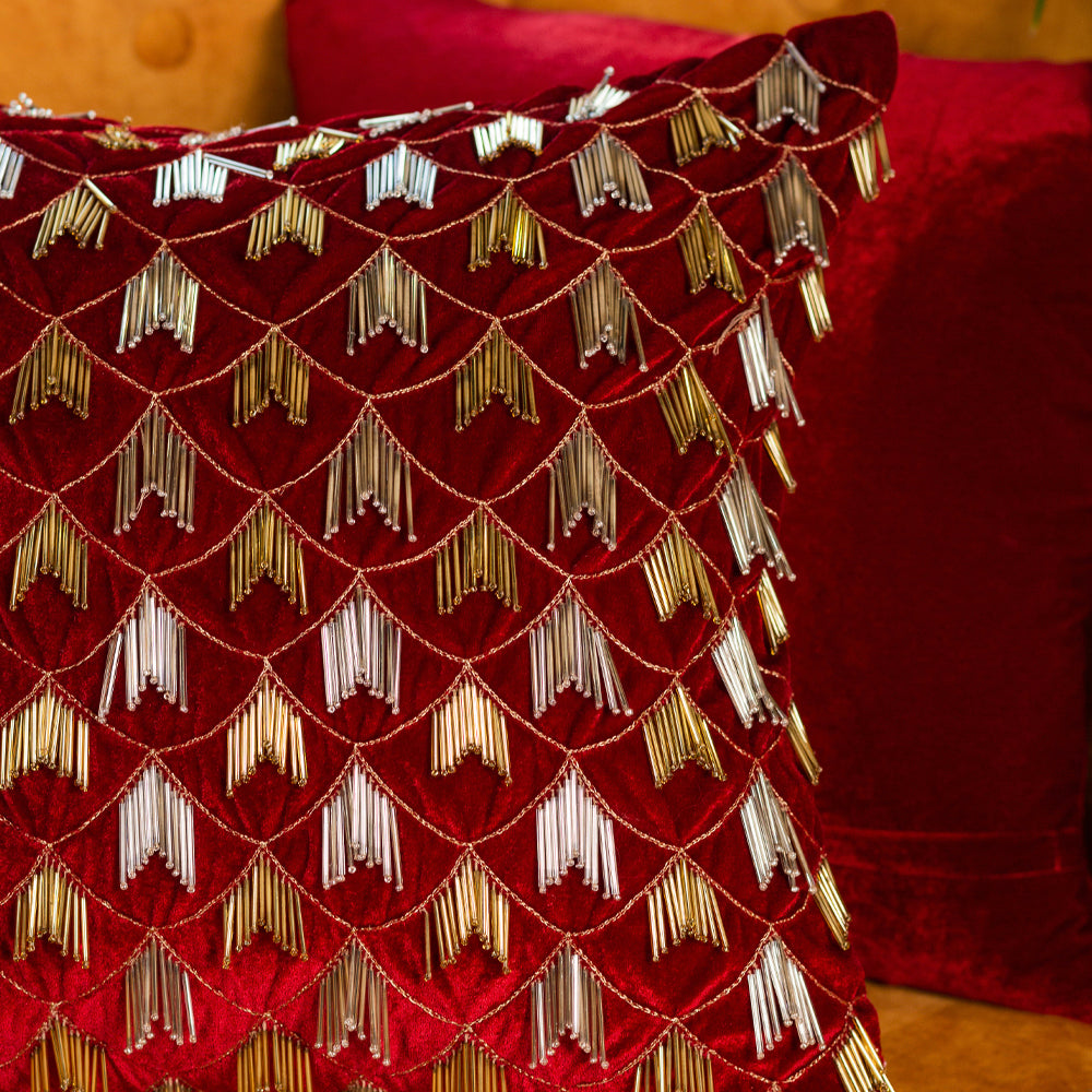 Red velvet overall fringe cushion cover