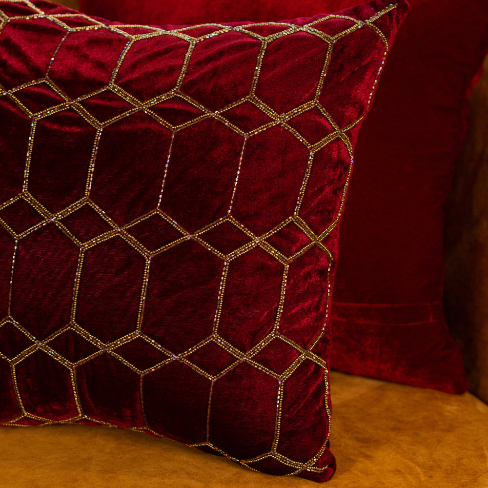 Red geometrical embroidered cushion cover