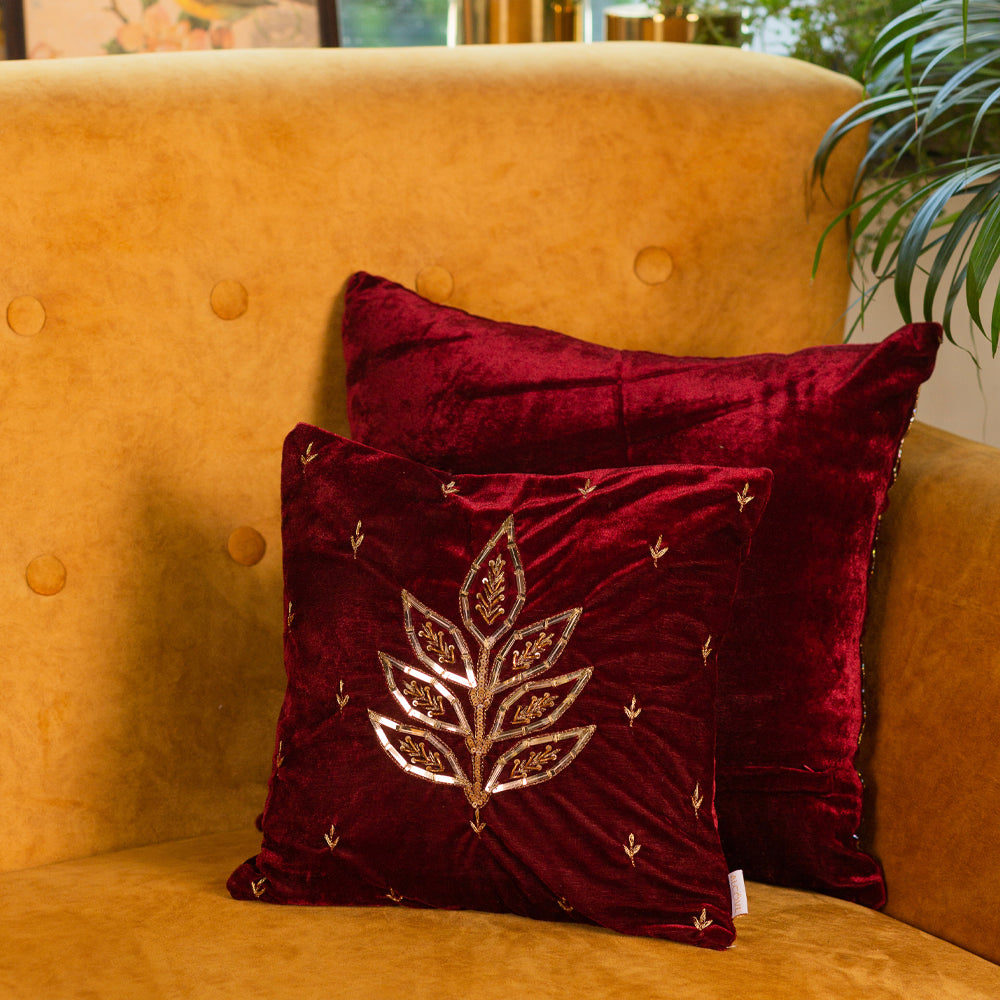 Red Sequence Embroidered Decorative Cushion