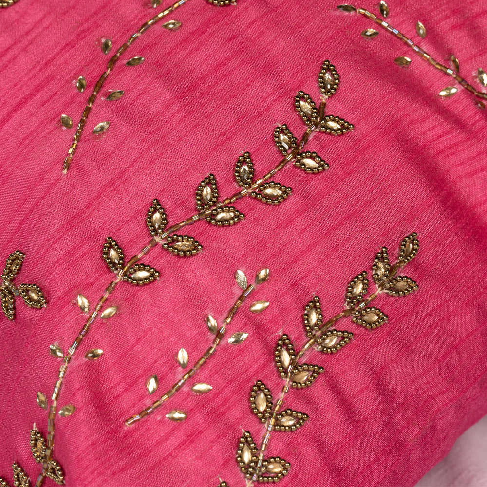 Pink Leaves embroidered cushion cover