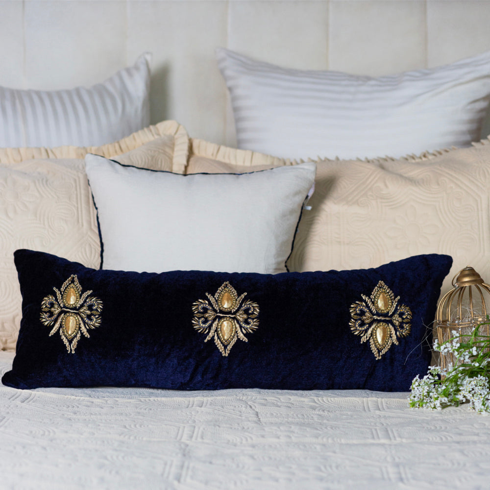 Navy Beetle Embroidered Cushion Cover