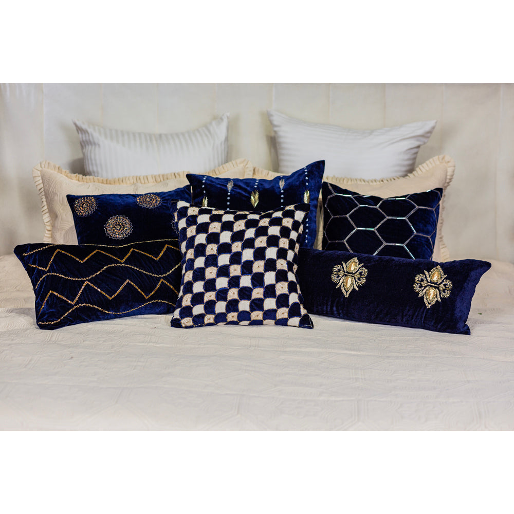 Navy Velvet Motif Embroidered Cushion Cover