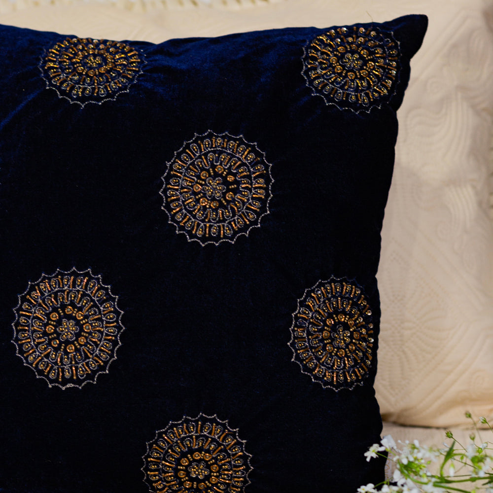 Navy Velvet Motif Embroidered Cushion Cover