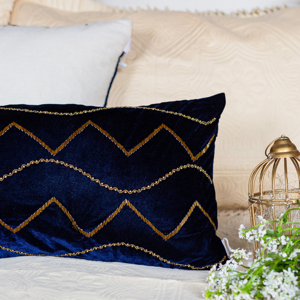 Navy Lumbar Embroidered Cushion Cover
