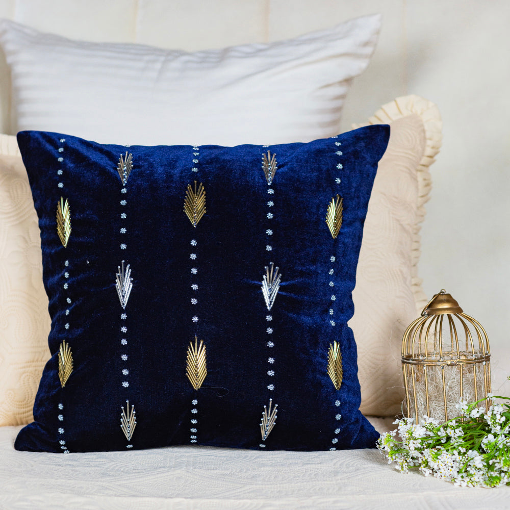 Navy Leaf Embroidered Cushion Cover