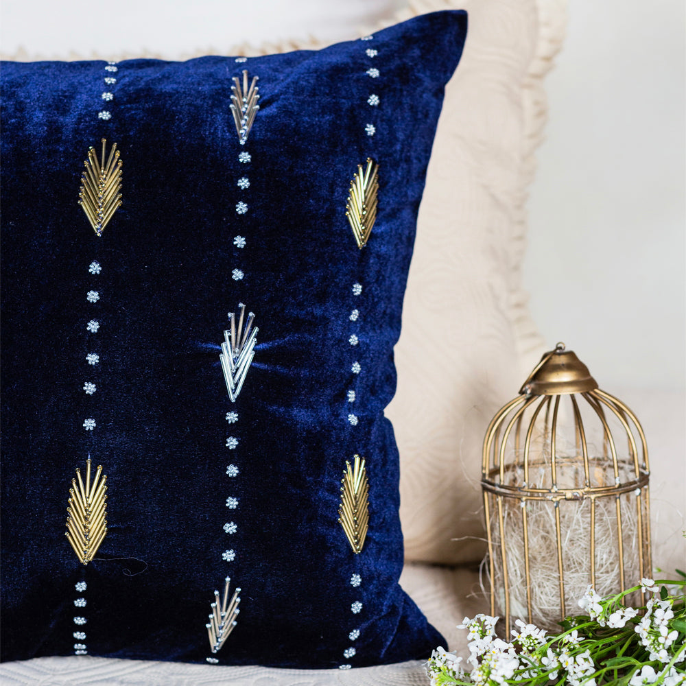 Navy Leaf Embroidered Cushion Cover
