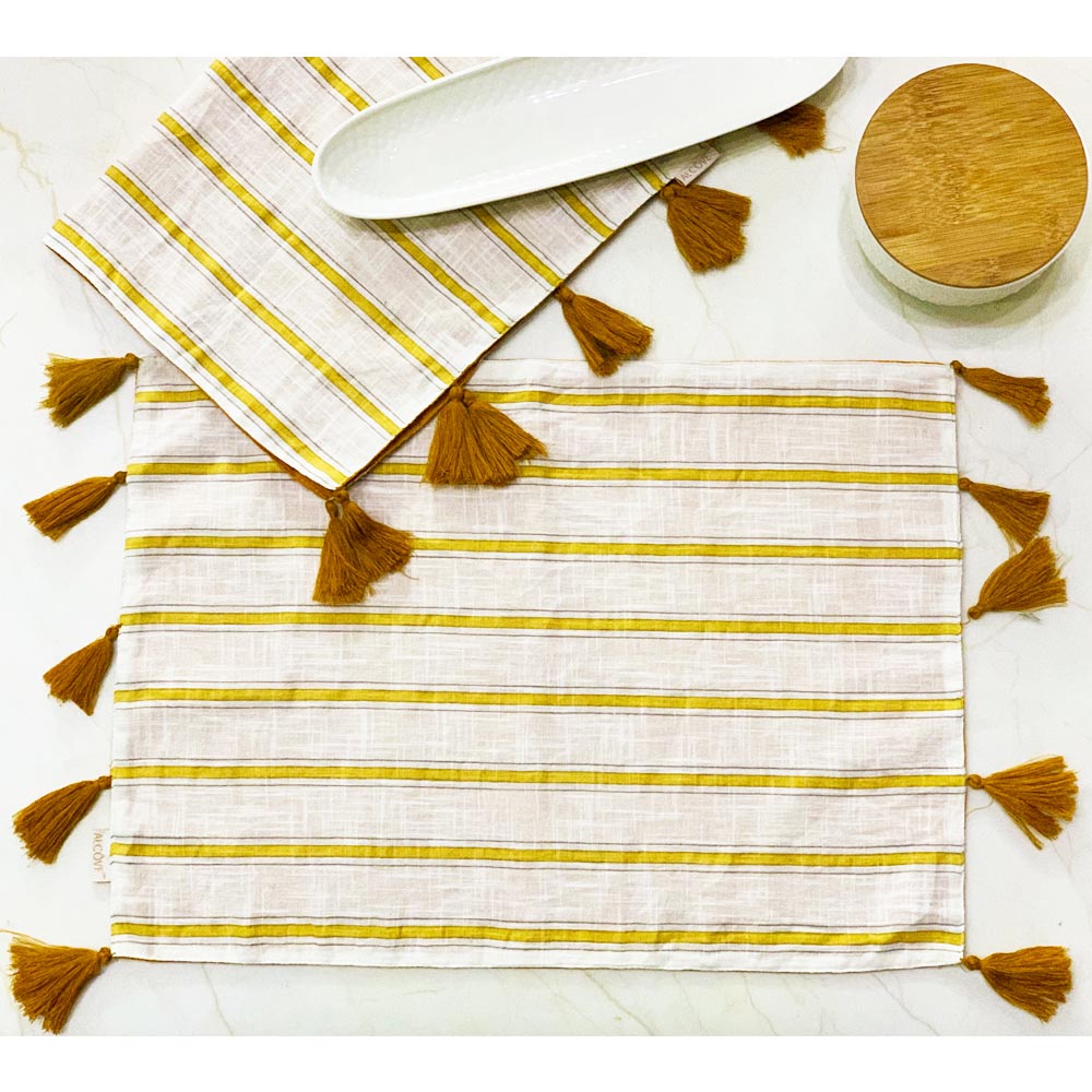 Mustard Stripe mats with Tassels( set of 2)