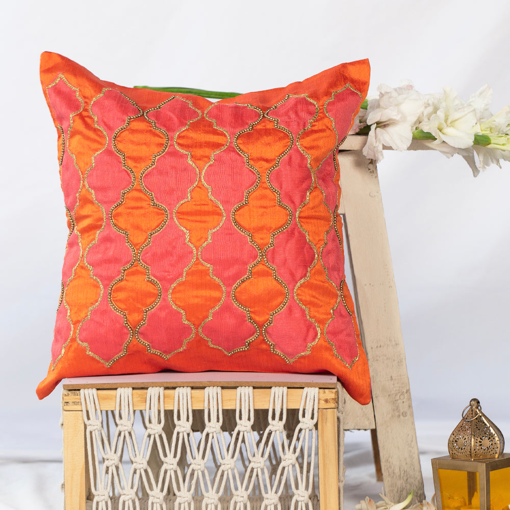 Pink ogee embroidered cushion cover